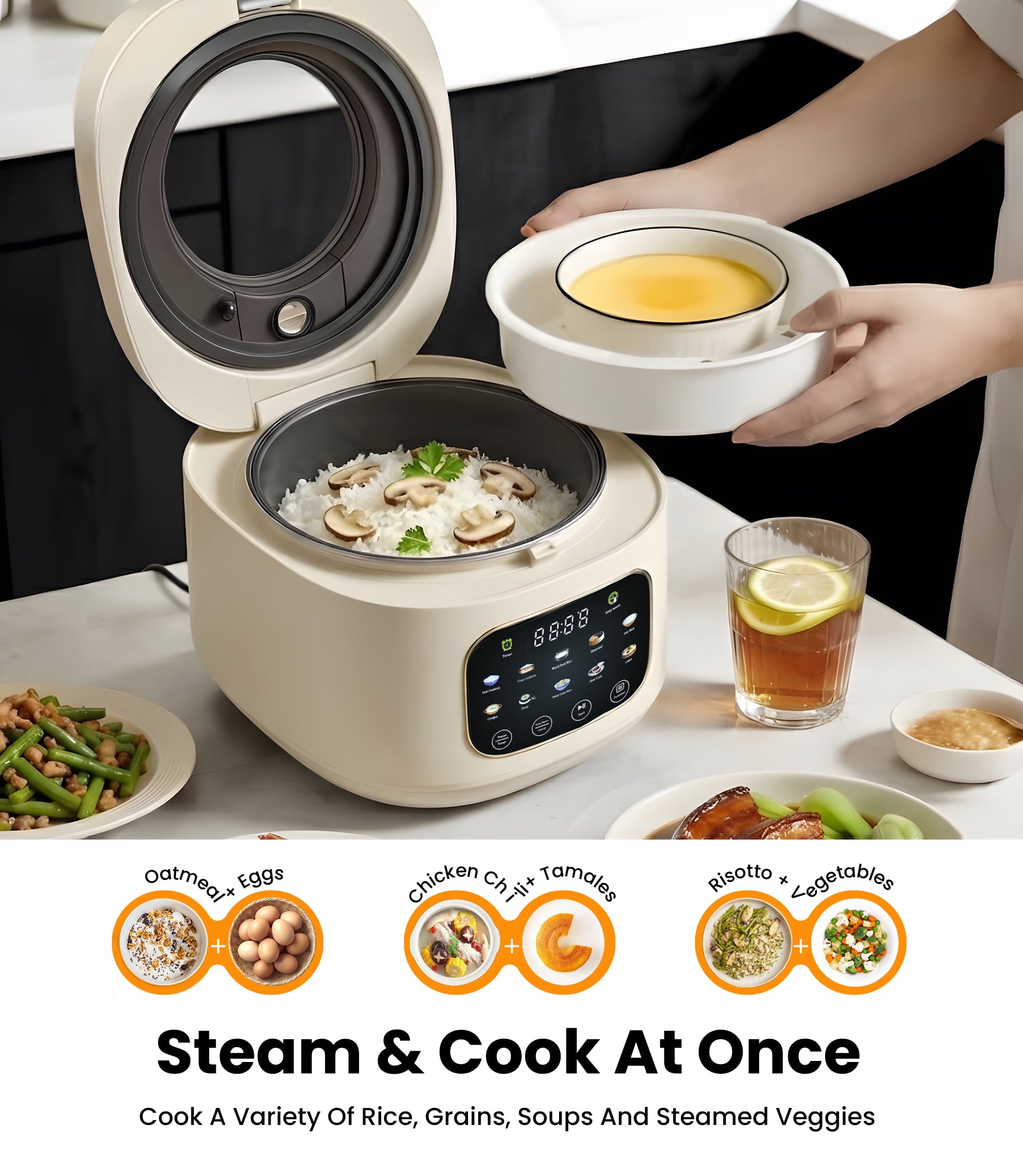 Casualife 12-Cups/4.3QT Rice Cooker with Steamer & Keep Warm, 10-in-1 Multicooker，24-Hour Timer，Non-Stick Inner Pot, White