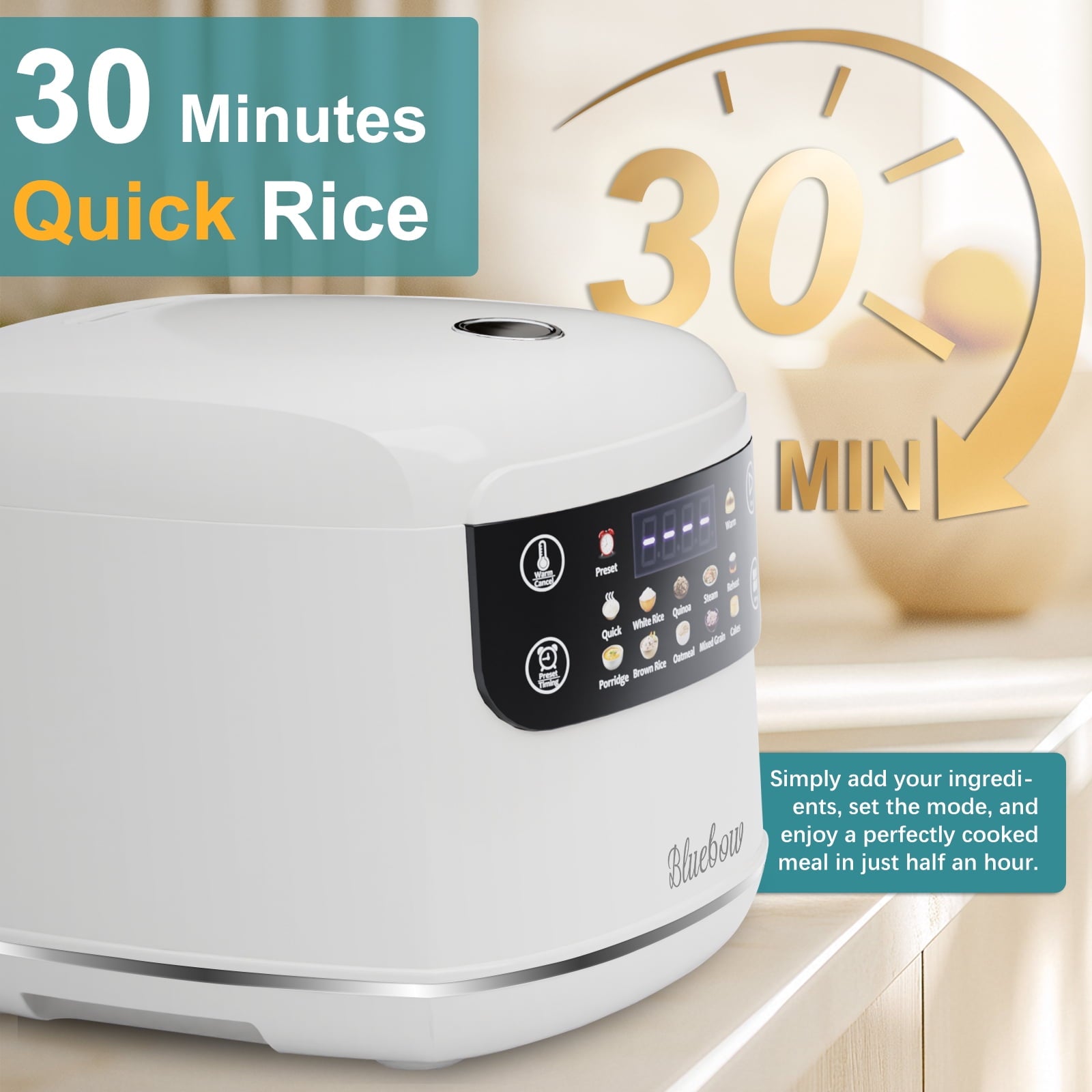 Bluebow Digital Rice Cooker, 6-Cup/2.1QT Small Rice Maker, 10 Presets, 24-Hour Delay Timer & Keep Warm, Non-Stick Inner Pot, White