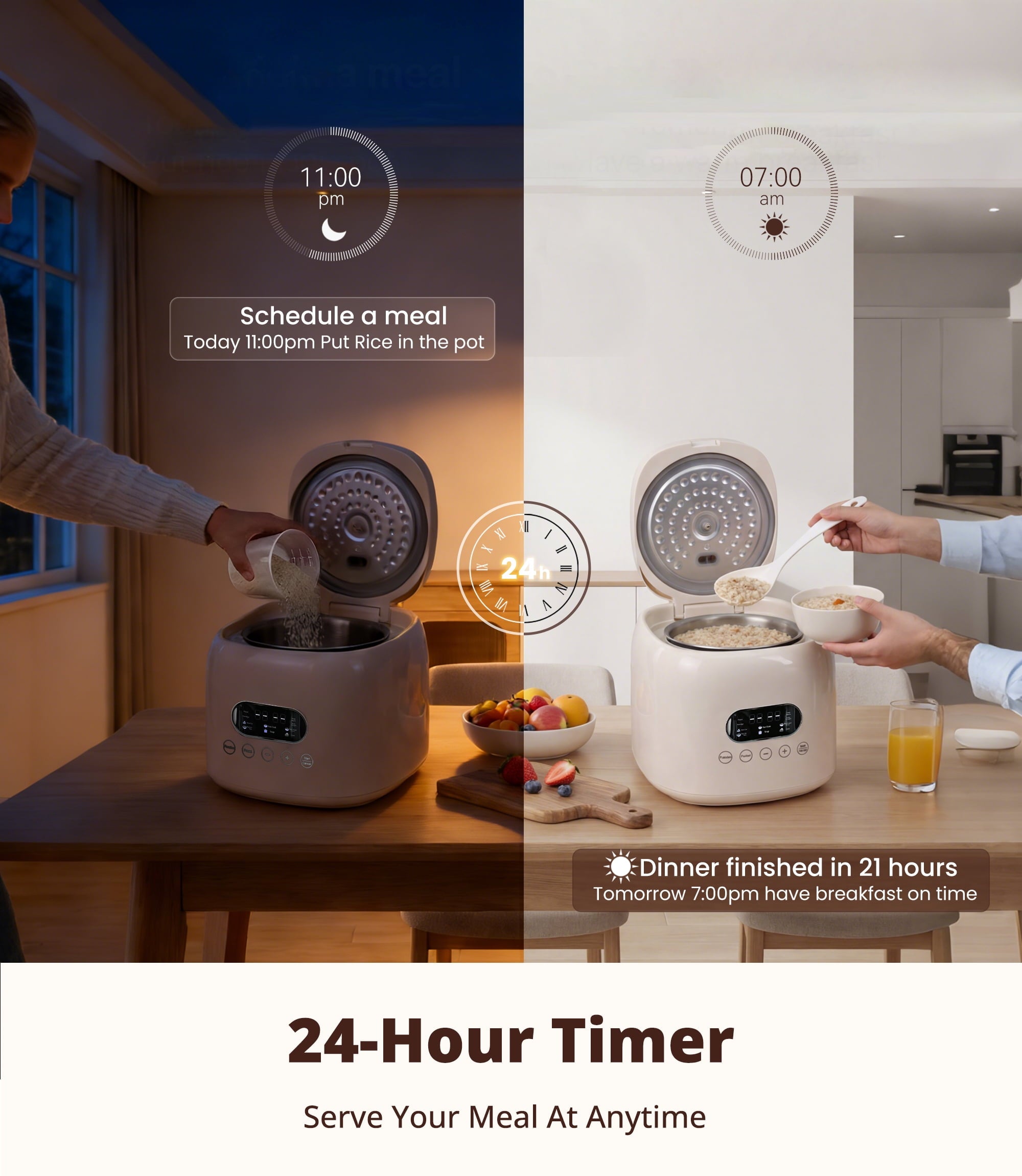 Casualife 3QT Rice Cooker with Starch-Reducing Steamer, 10-in-1 Multicooker with No-Coating Inner Pot and 24-Hour Timer, White