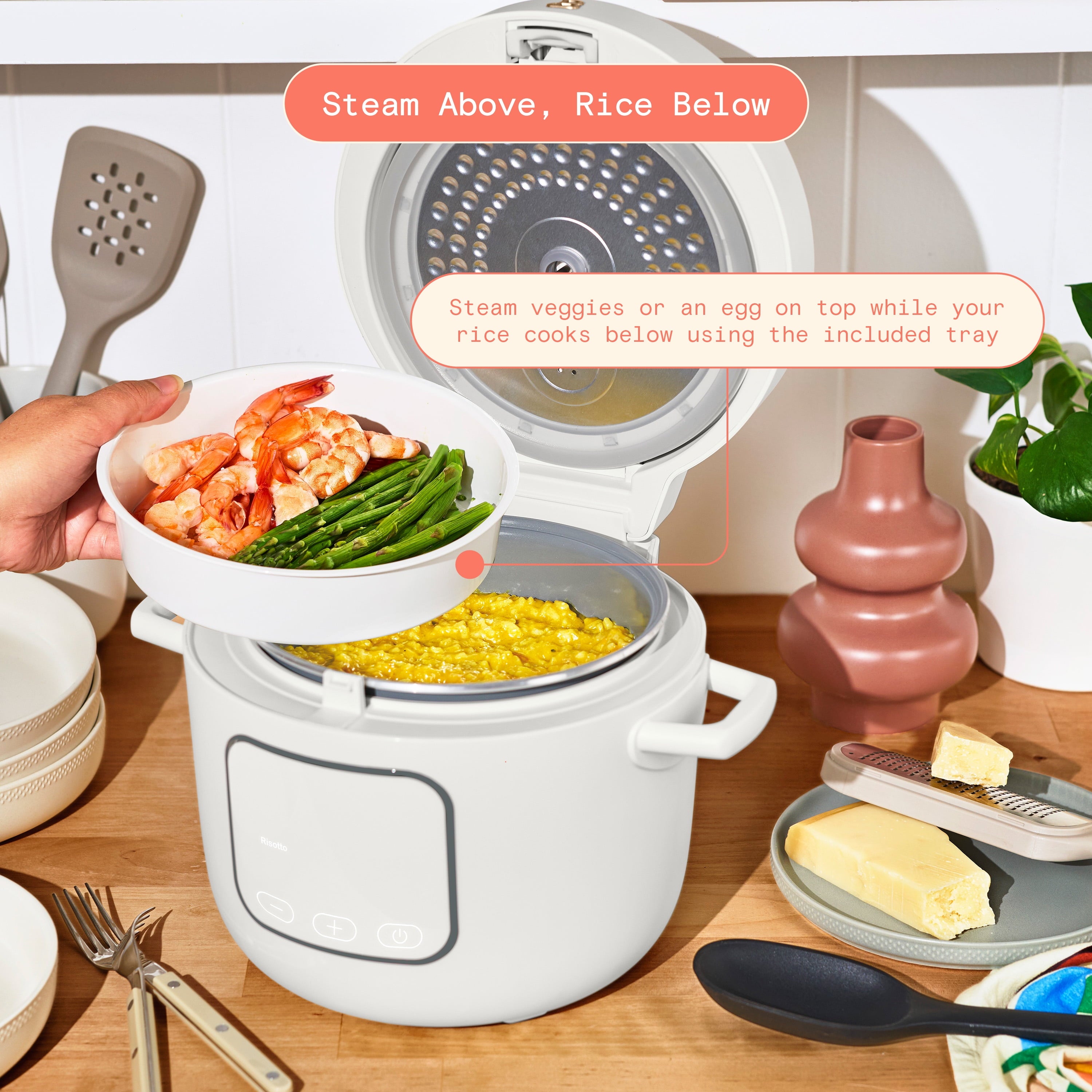 Beautiful 14-Cup Cooked, 6-Cups Uncooked Electric Rice and Grain Cooker, EverGood™ Ceramic Nonstick Coating, White Icing by Drew Barrymore