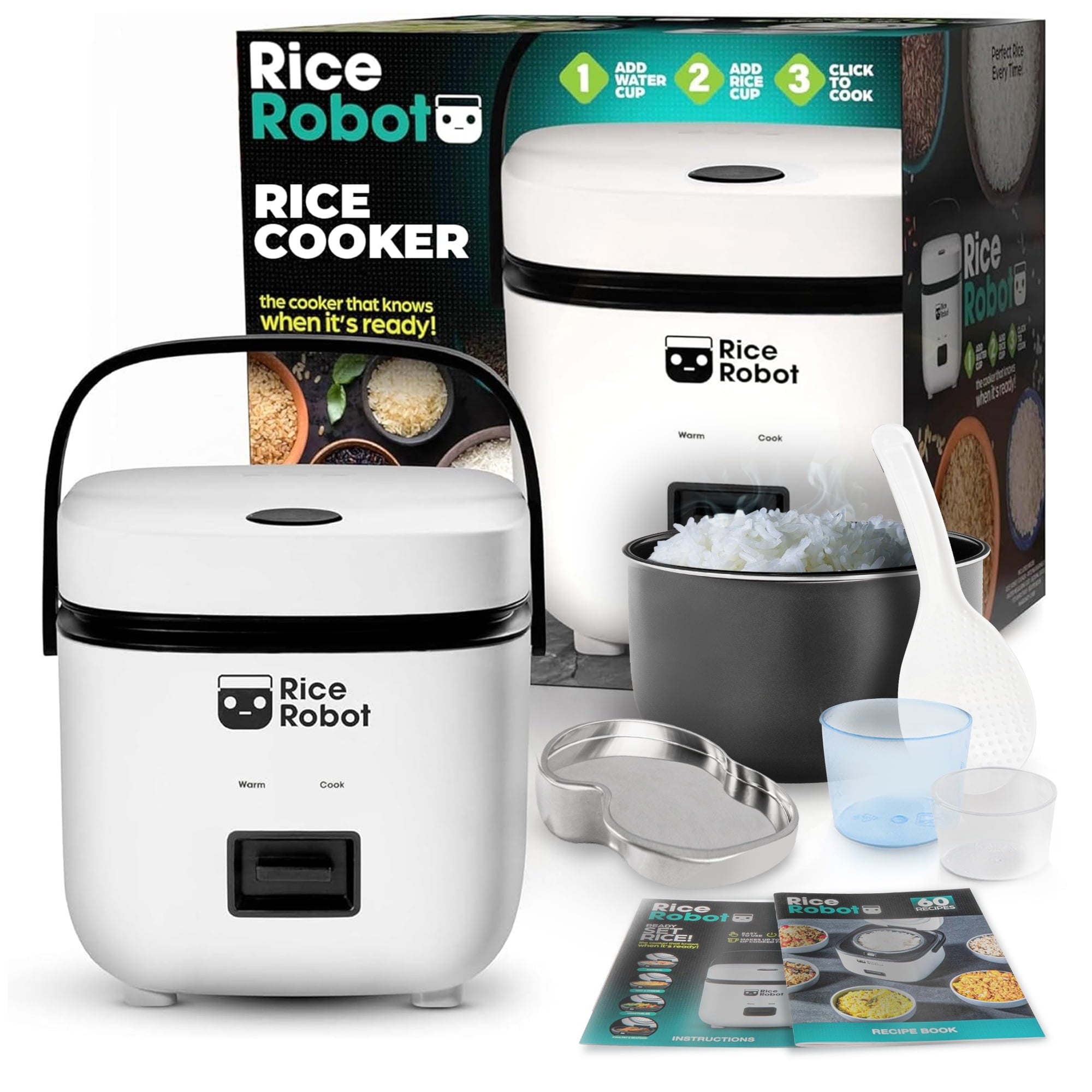 Rice Robot Personal Rice Cooker, PFAS-free, Nonstick. 1 Quart Capacity (4 Cups), with Stainless Steel Steamer Tray, Measuring Cups, Recipe Book with 60 Recipes, and Serving Spoon, As Seen On TV