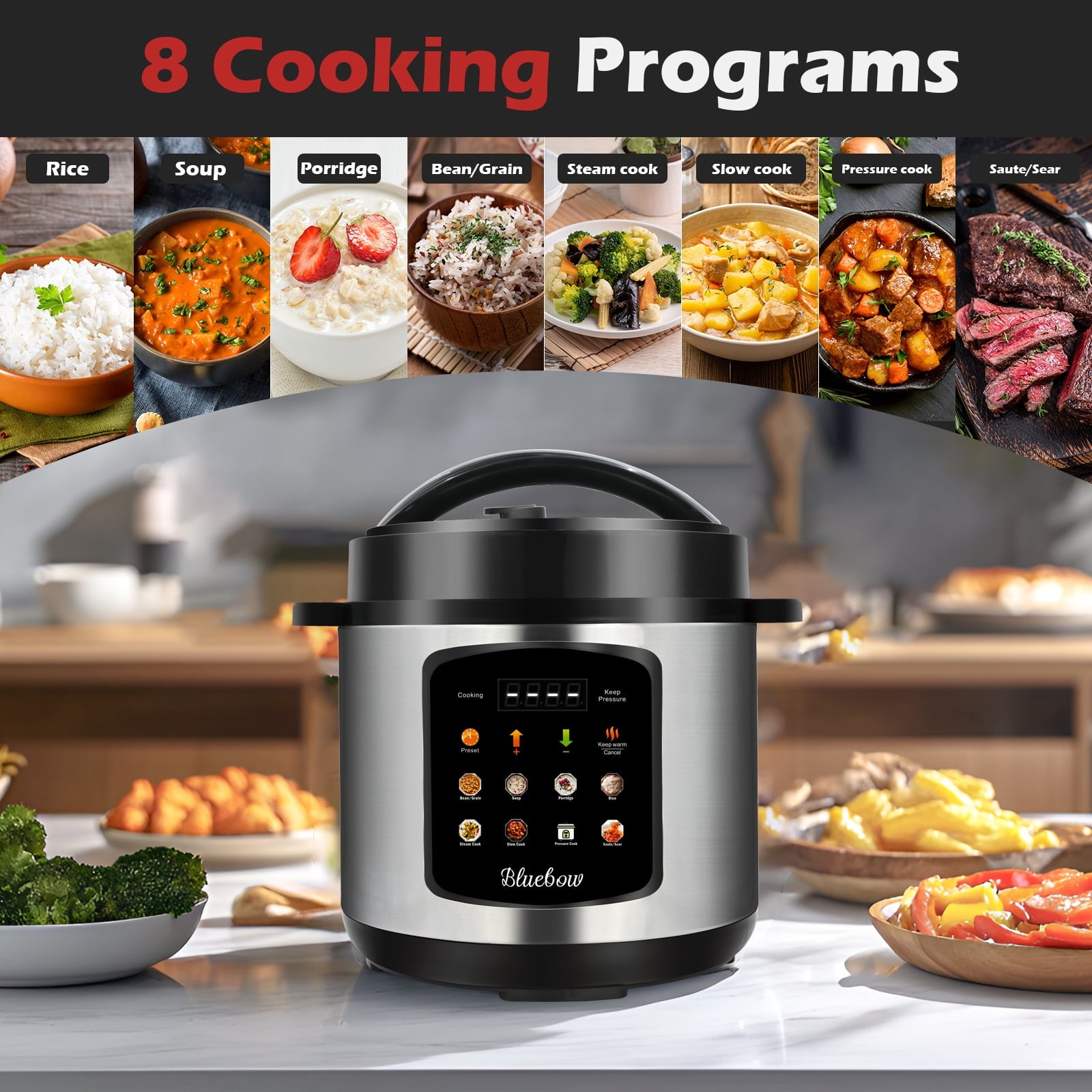 Bluebow 6.5 Quart Electric Pressure Cooker, 8-in-1 Multi Cooker Rice Cooker Slow Cooker Sauté Steamer, Stainless Steel