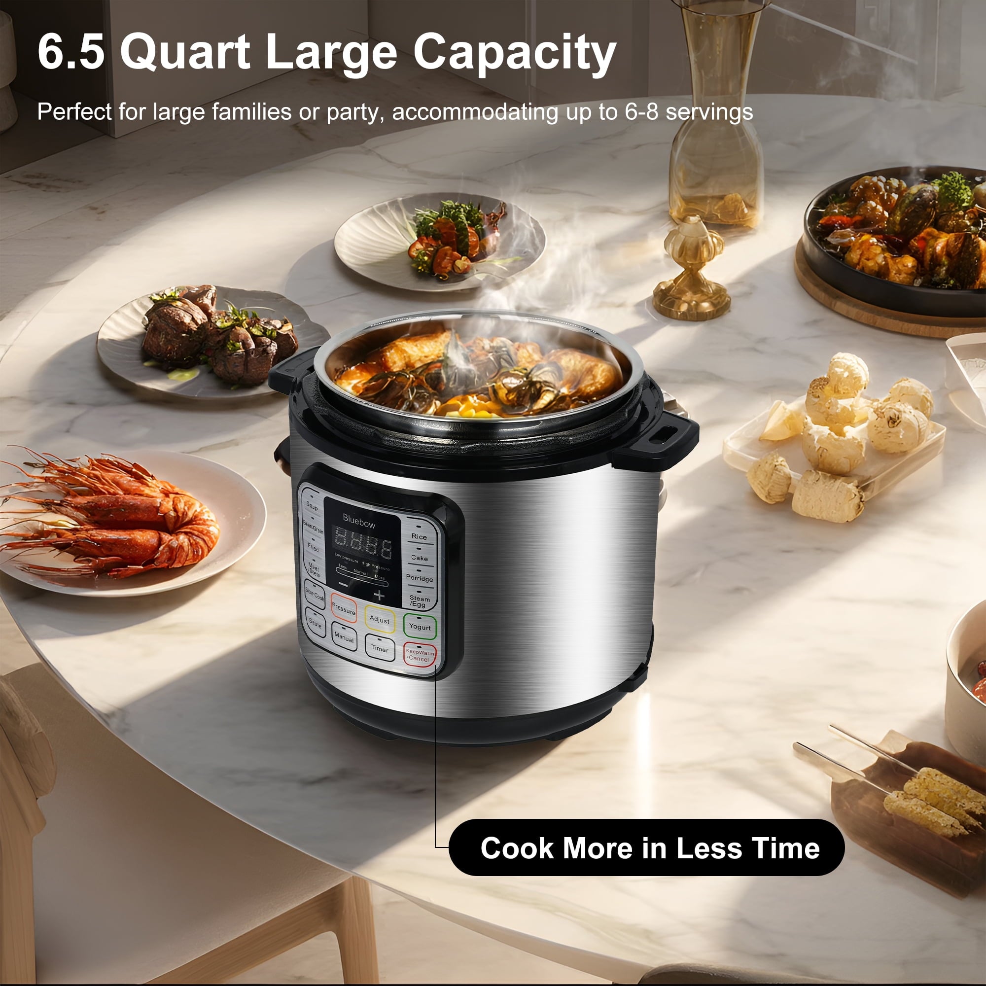 Bluebow 6.5 Quart Electric Pressure Cooker, 11-in-1 Multi Cooker Rice Cooker Slow Cooker Sauté Steamer, Stainless Steel